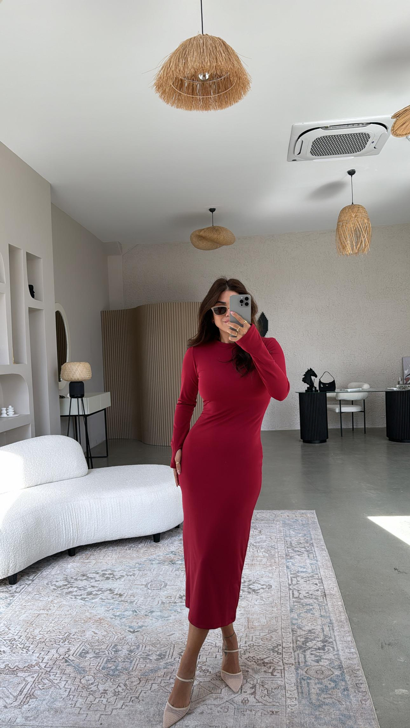 Bordo Uzun Kollu Parmak Geçme Elbise