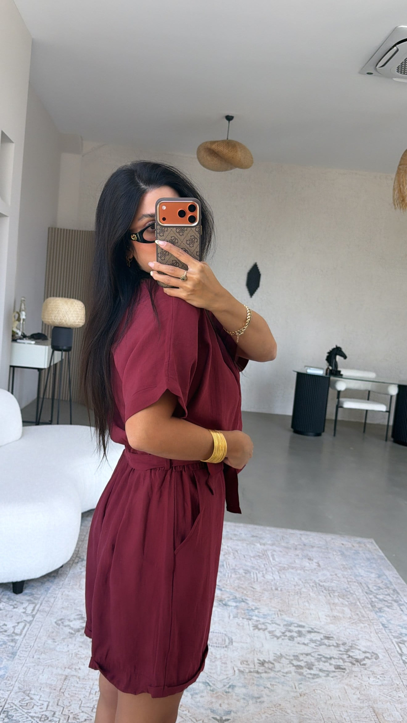 Bordo V Aksesuarlı Tensel Kumaş Tulum