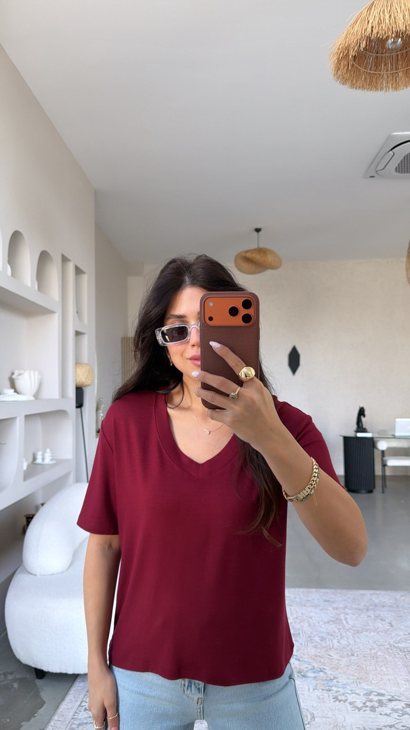 Bordo V Yaka Kısa Kollu İthal Kumaş Tshirt