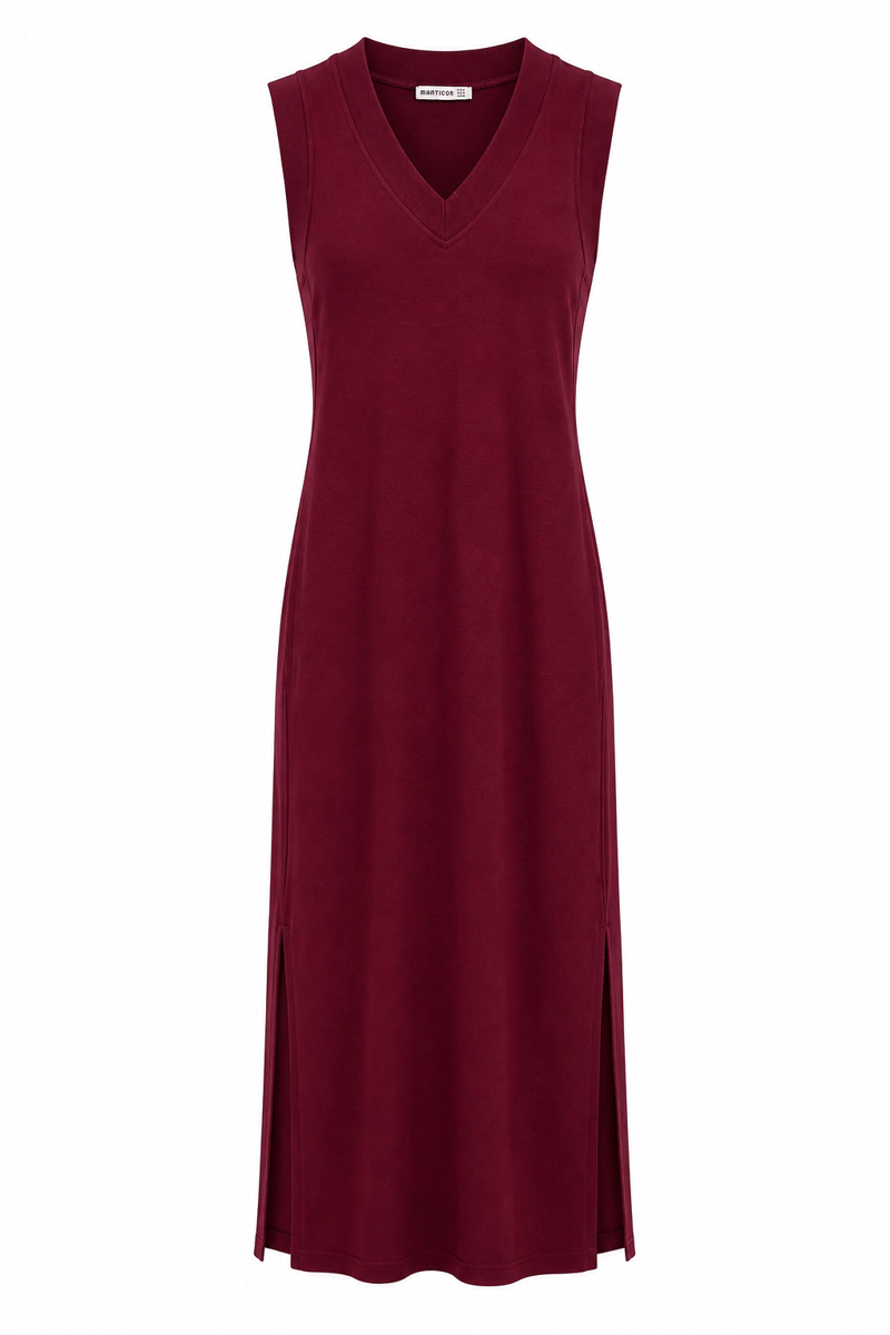 Bordo V Yaka Uzun Basic Elbise
