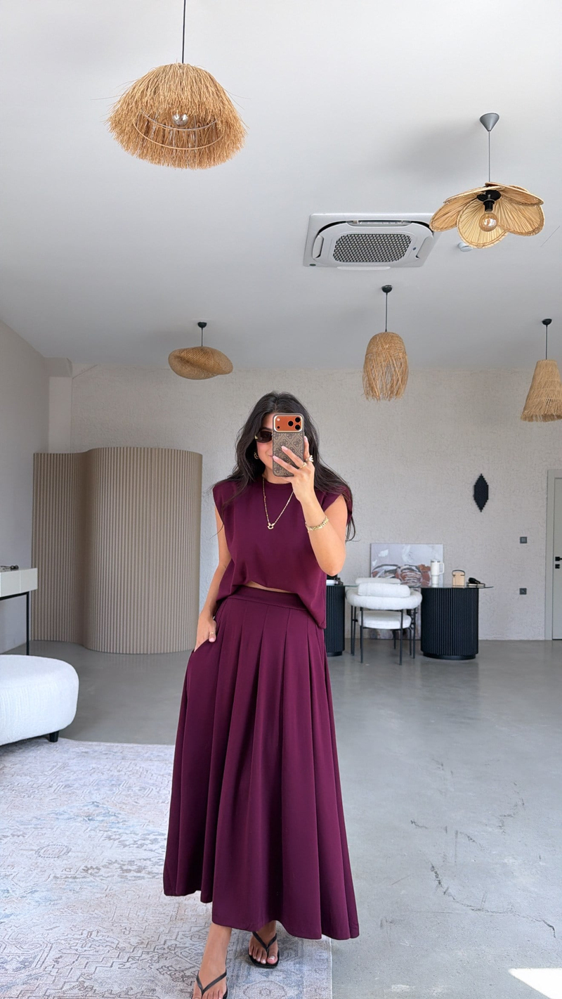 Bordo Vatkalı Etek Bluz Takım