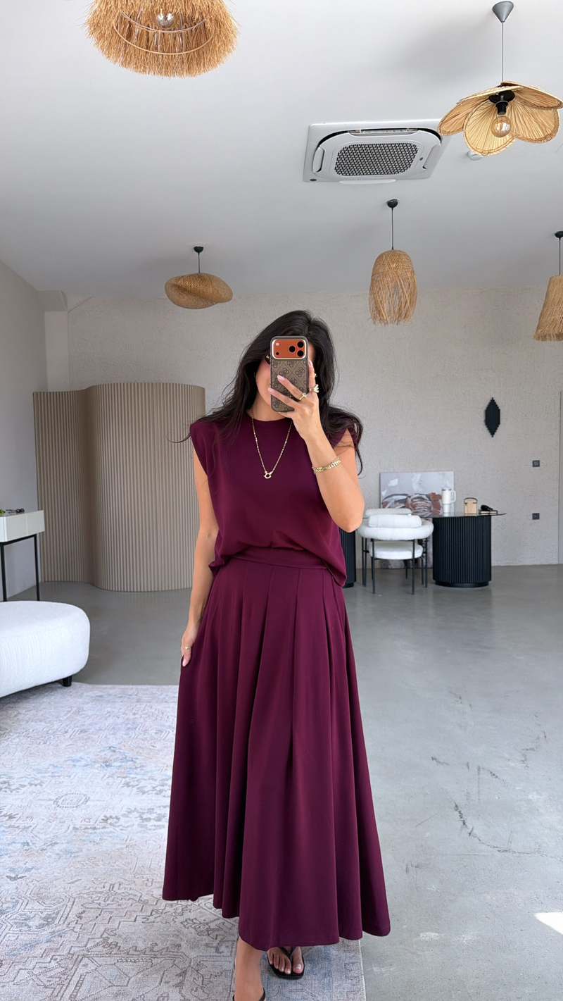 Bordo Vatkalı Etek Bluz Takım