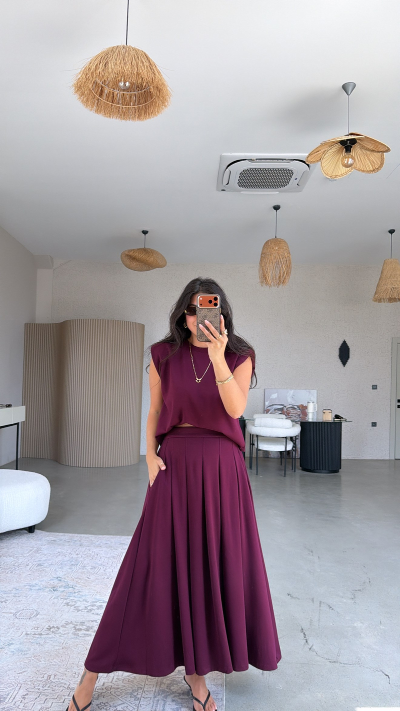 Bordo Vatkalı Etek Bluz Takım