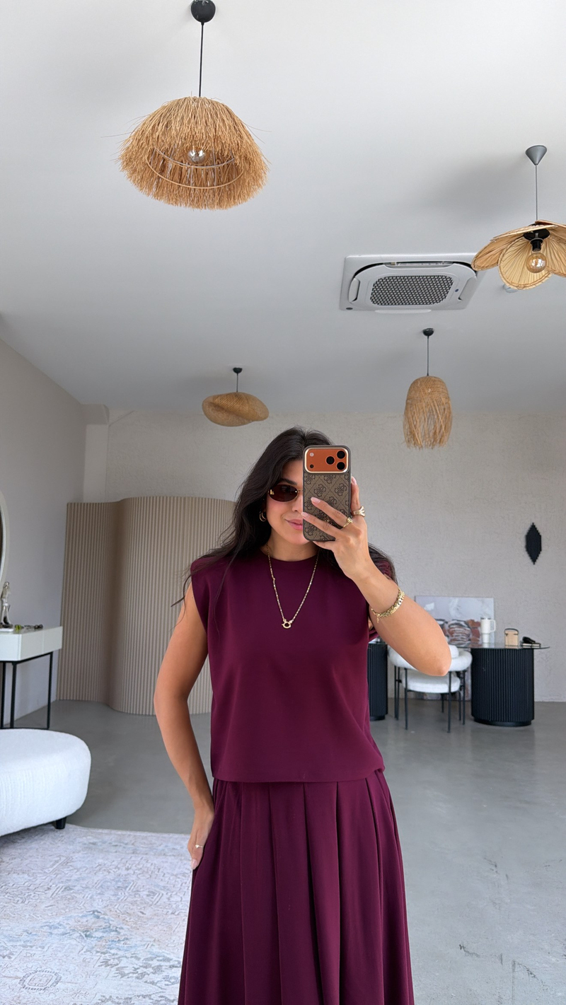 Bordo Vatkalı Etek Bluz Takım