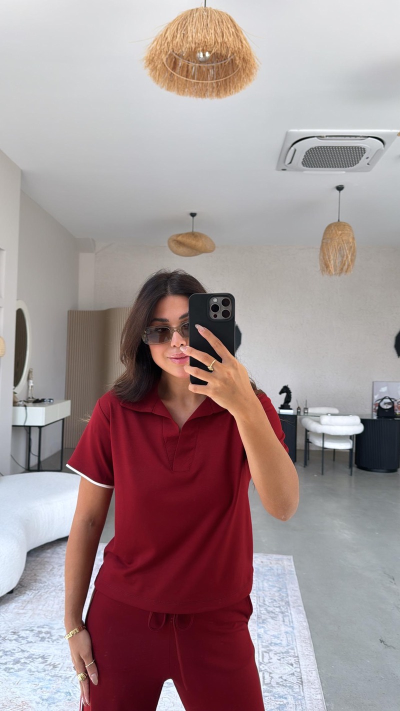 Bordo Yakalı Biyeli Modal Takım