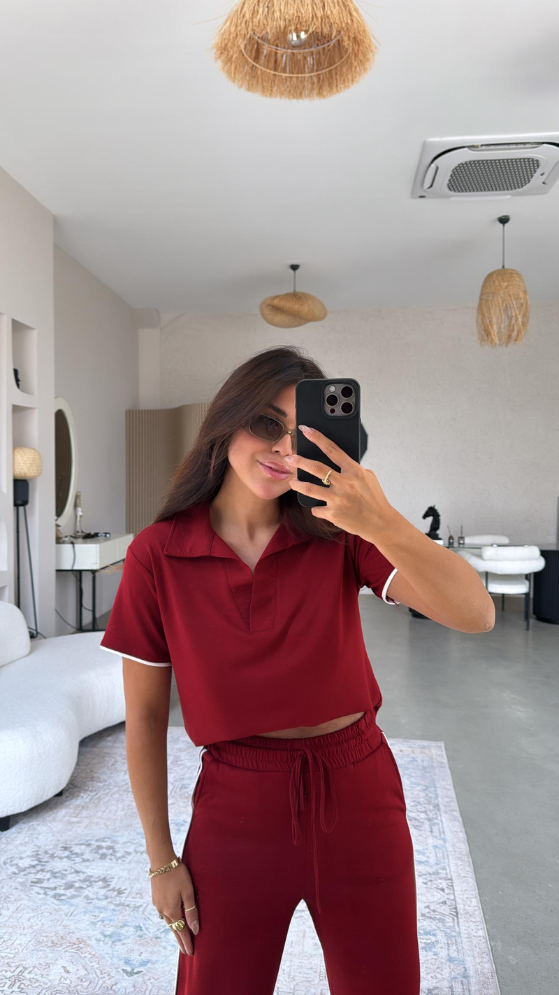 Bordo Yakalı Biyeli Modal Takım
