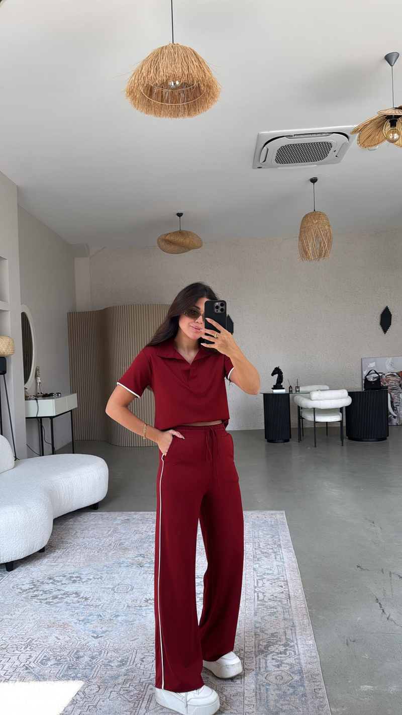 Bordo Yakalı Biyeli Modal Takım
