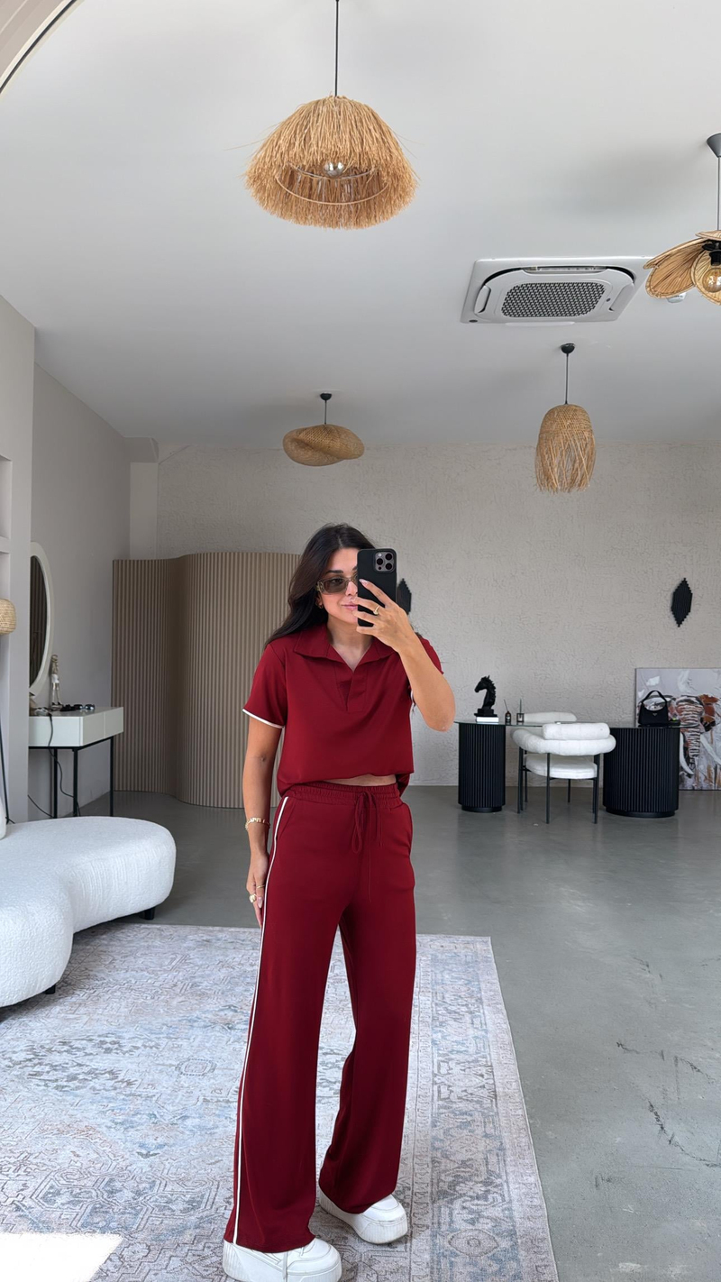 Bordo Yakalı Biyeli Modal Takım