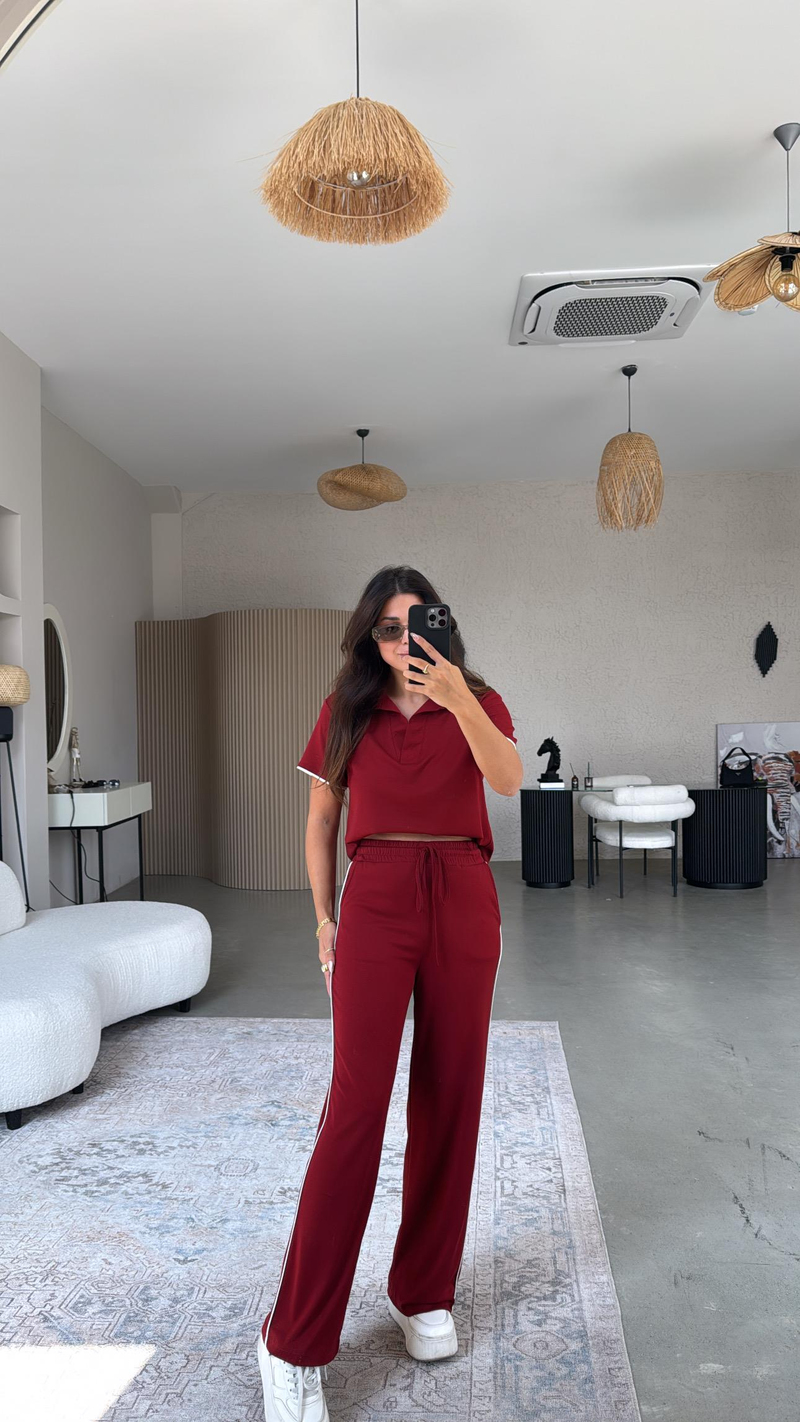 Bordo Yakalı Biyeli Modal Takım