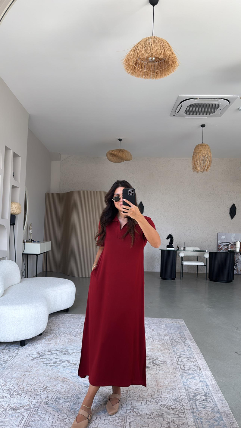 Bordo Yakalı Uzun Modal Elbise