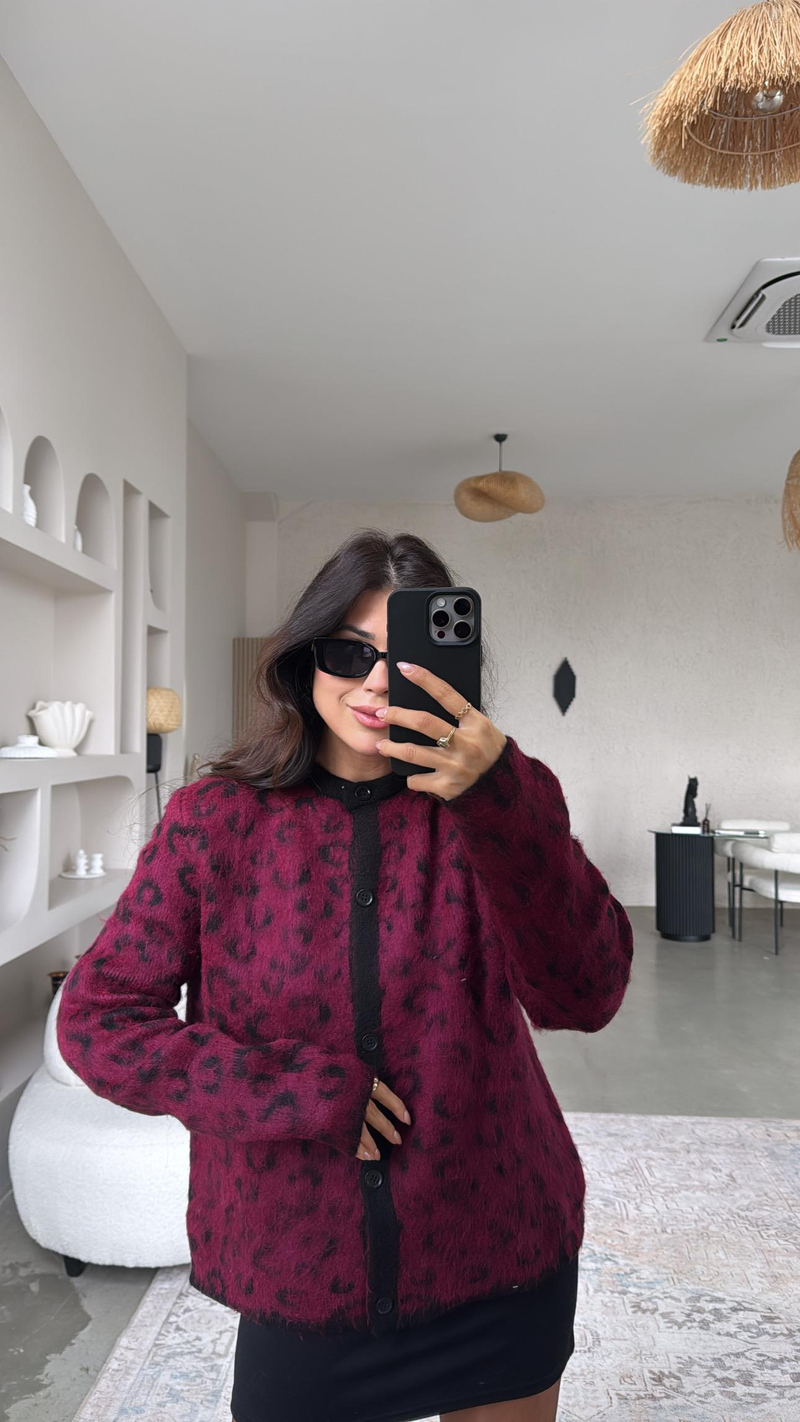 Bordo Yumoş Leopar Hırka