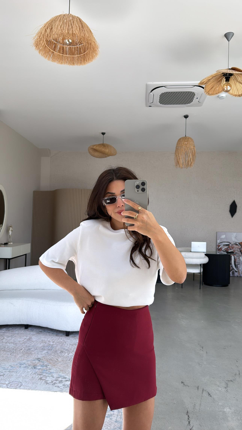 Bordo Zarf Kesimli Şort Etek