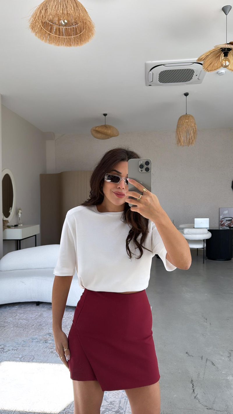 Bordo Zarf Kesimli Şort Etek