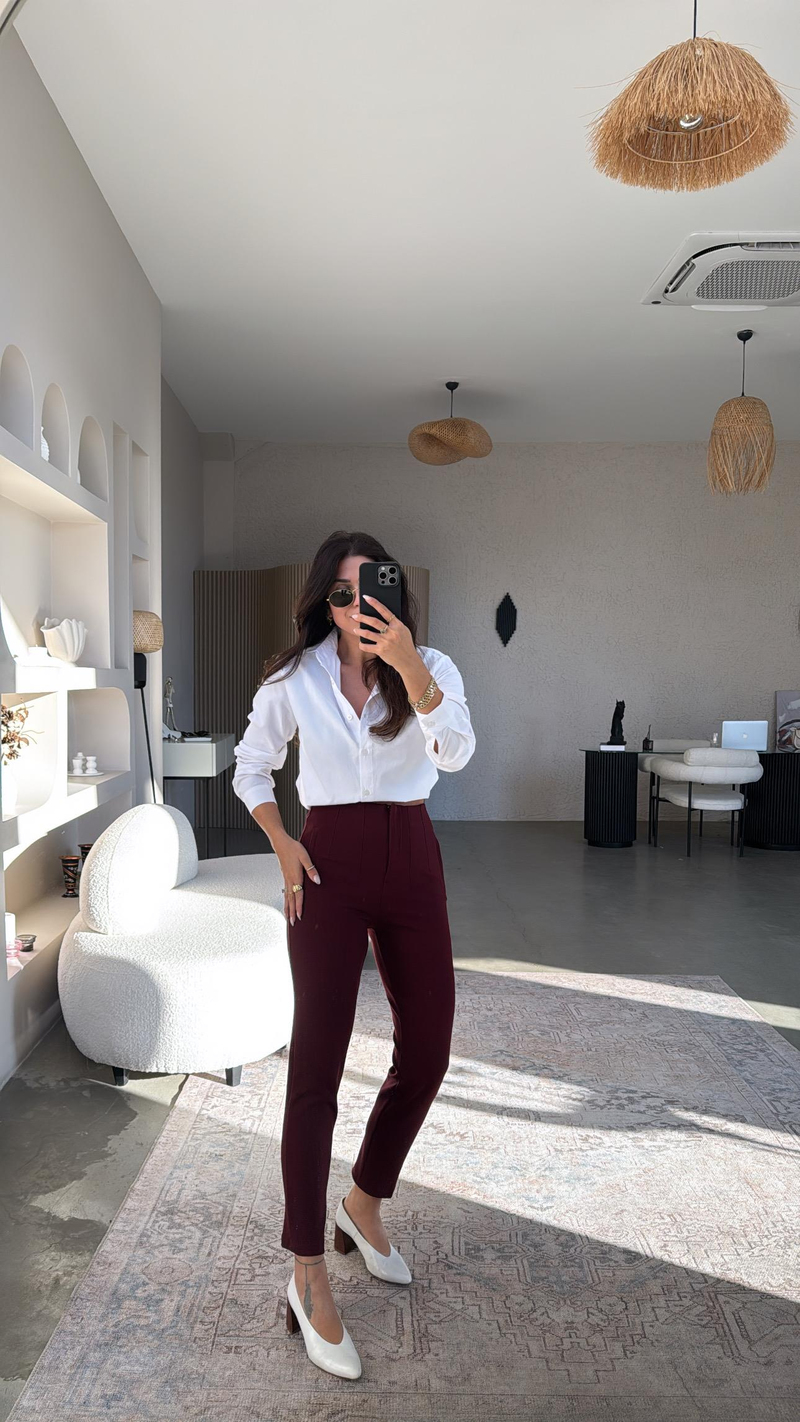 Bordo Zr Model Bel Detaylı Kumaş Pantolon
