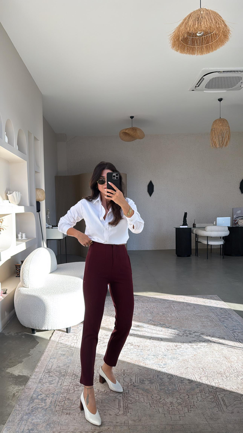Bordo Zr Model Bel Detaylı Kumaş Pantolon