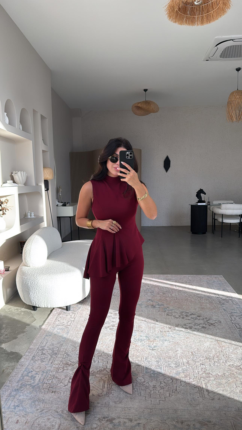 Bordo ZR Model Likralı Krep Kumaş Volanlı İspanyol Takım