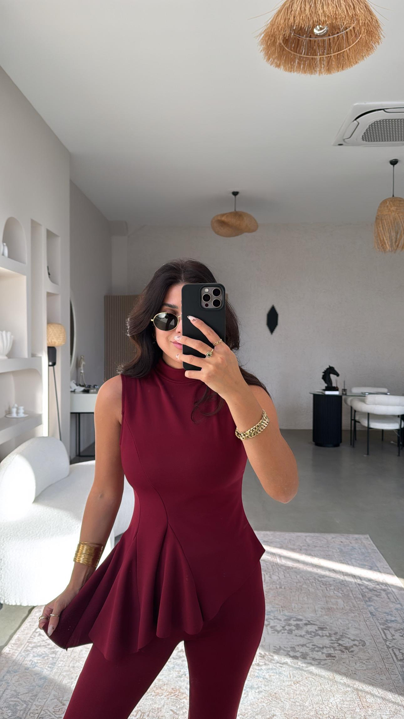 Bordo ZR Model Likralı Krep Kumaş Volanlı İspanyol Takım