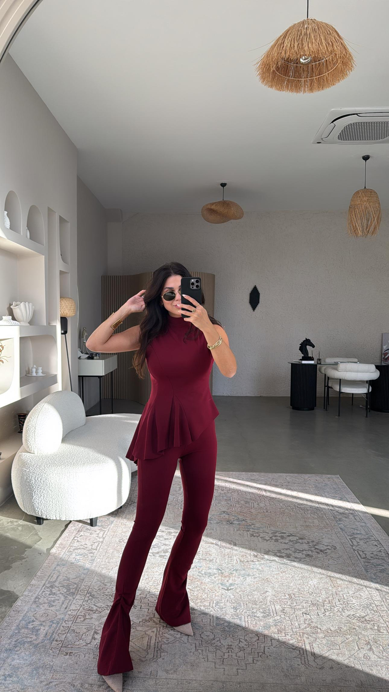 Bordo ZR Model Likralı Krep Kumaş Volanlı İspanyol Takım