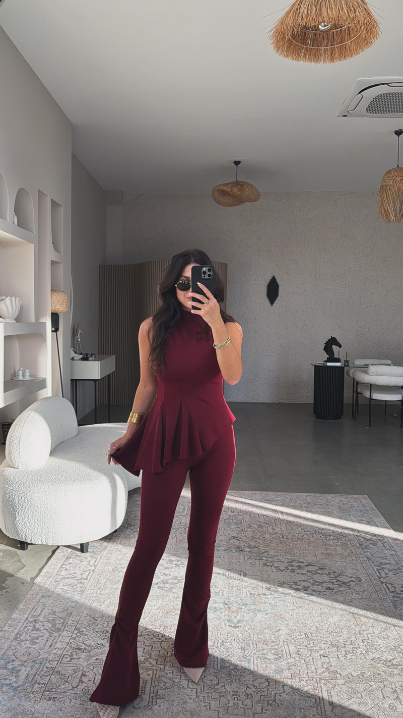 Bordo ZR Model Likralı Krep Kumaş Volanlı İspanyol Takım