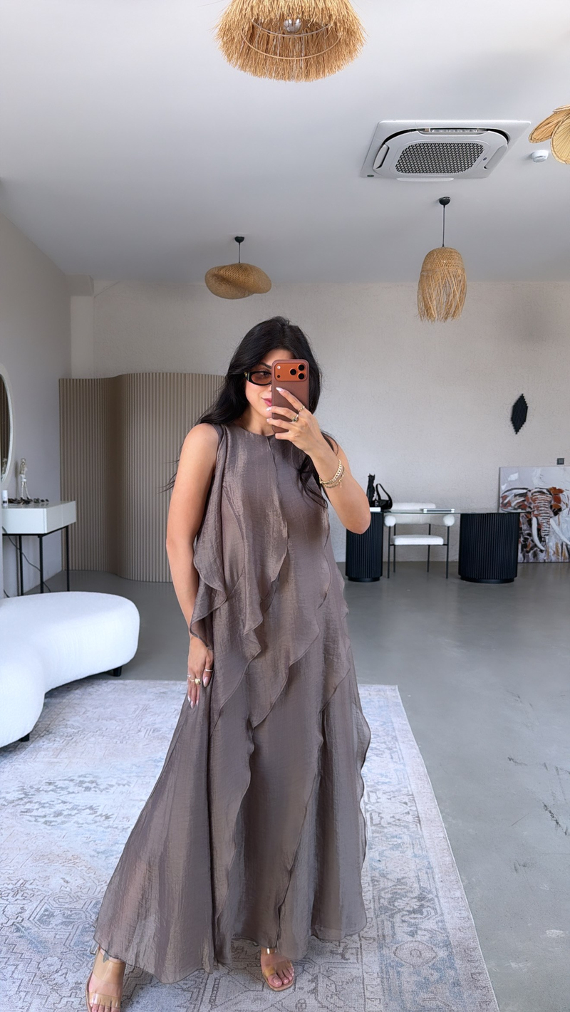 Bronz Volan Detaylı Astarlı Maxi Elbise