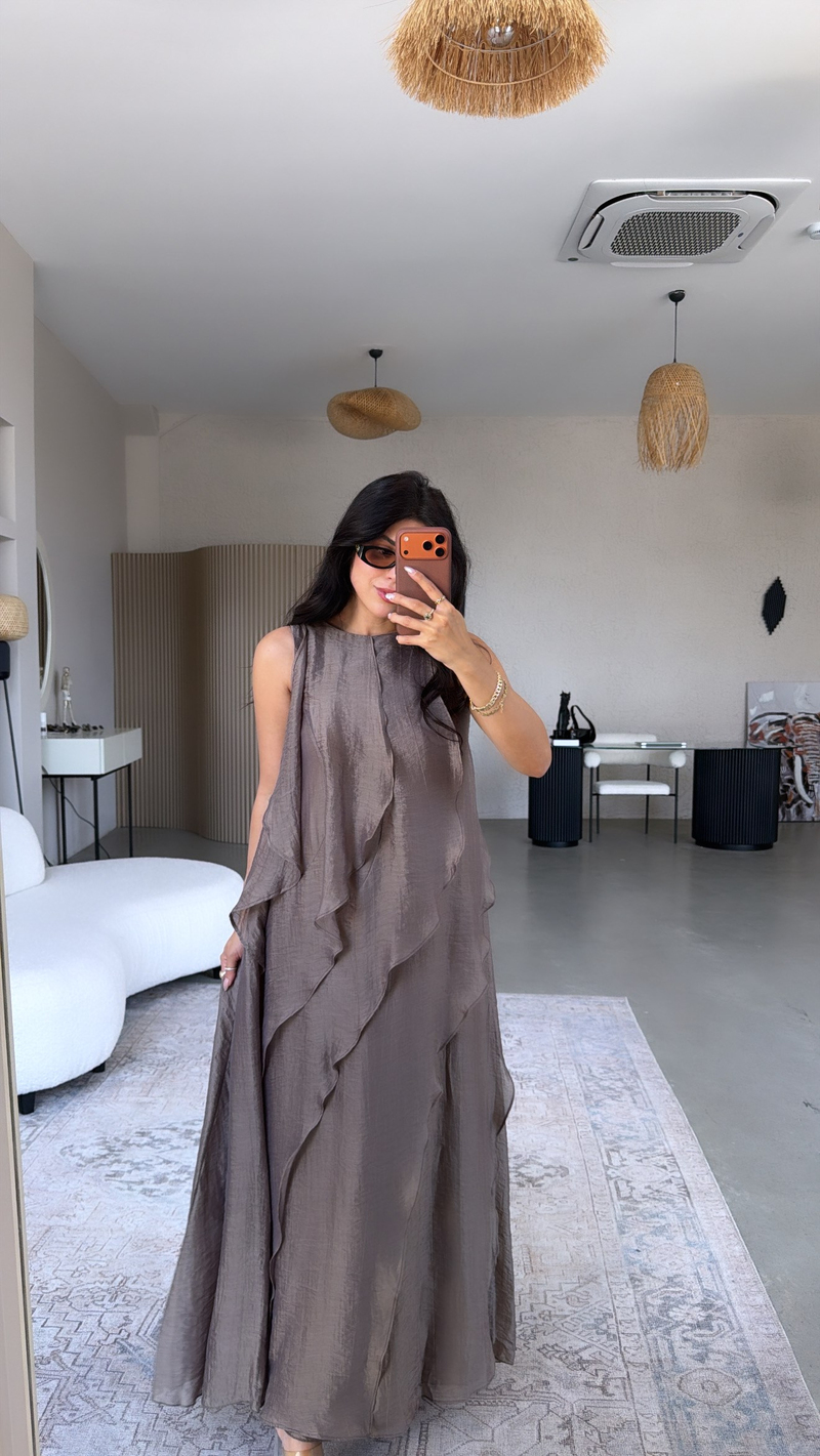 Bronz Volan Detaylı Astarlı Maxi Elbise