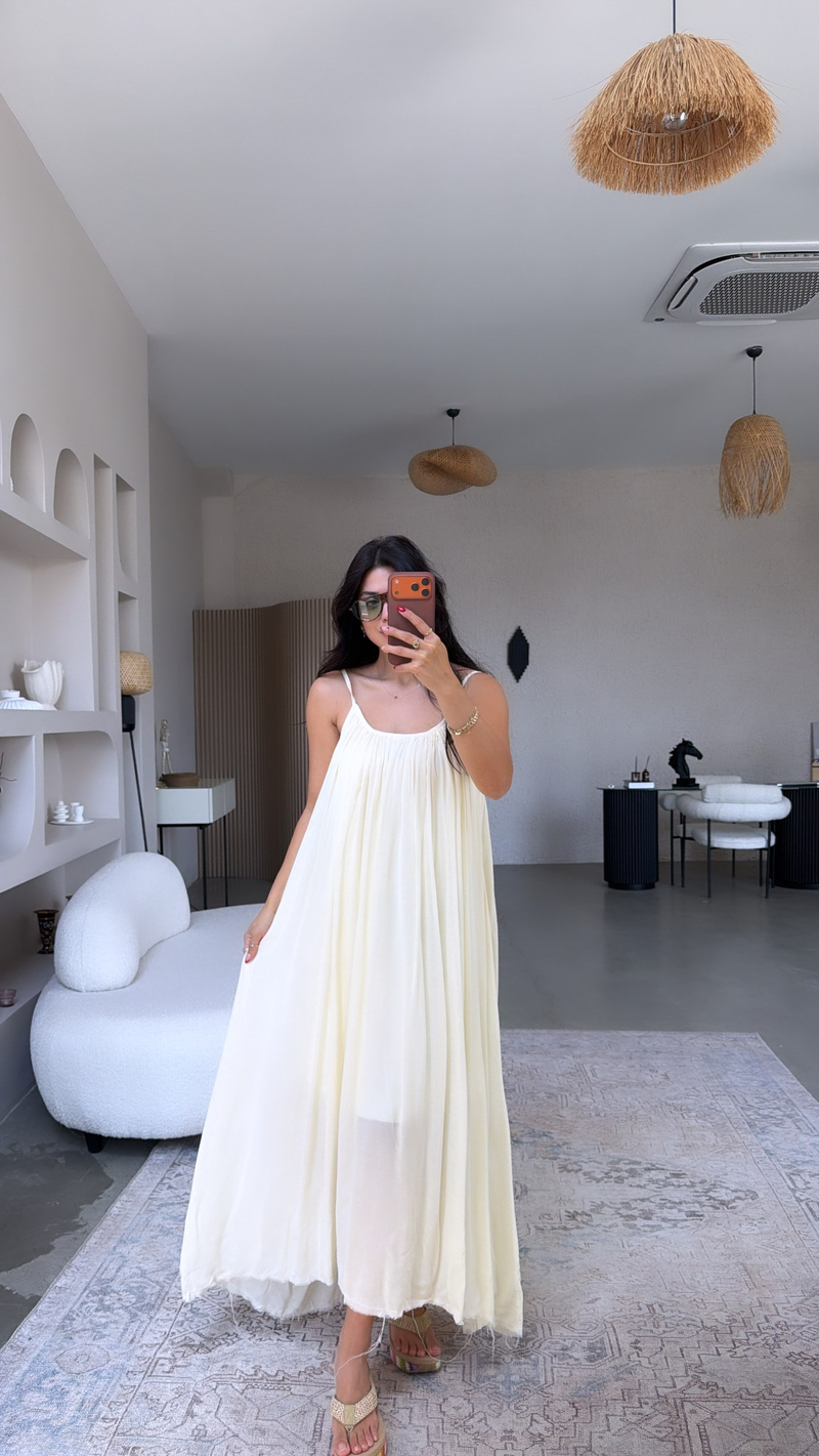 Butter Yellow Askılı Romantik Pamuk Uzun Elbise