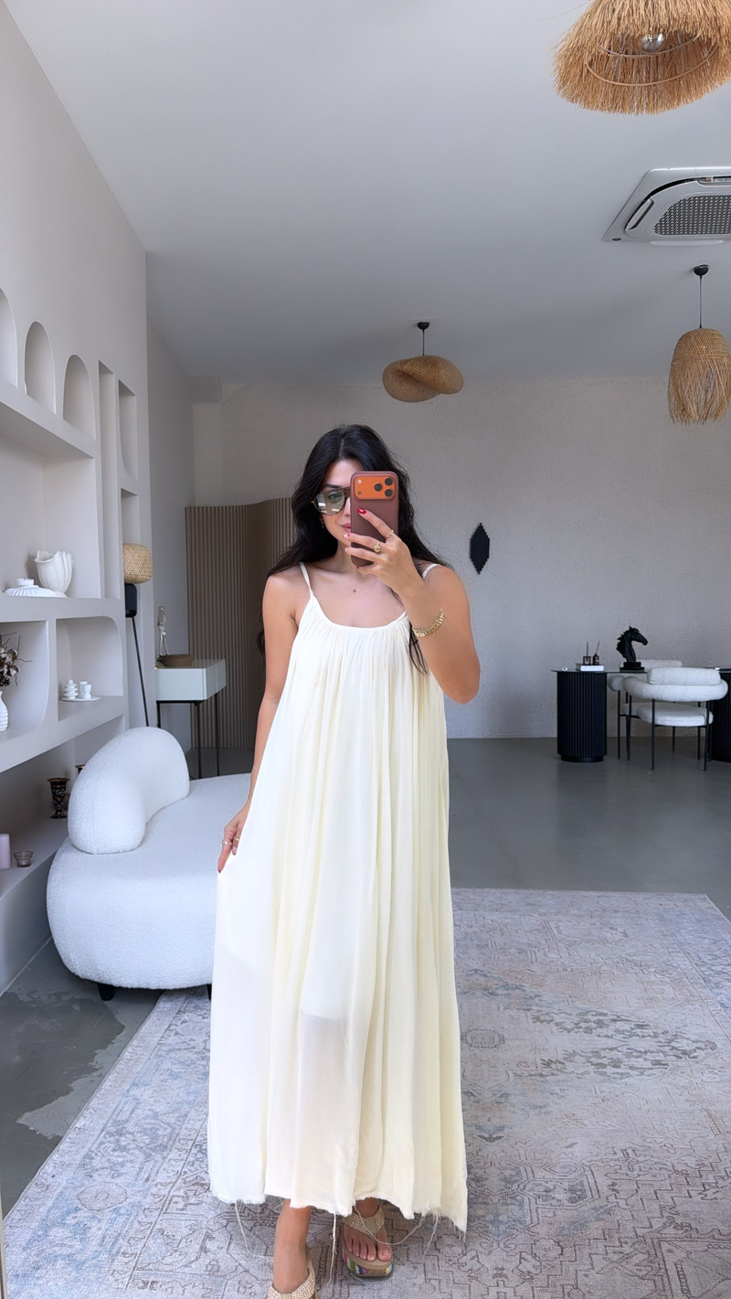 Butter Yellow Askılı Romantik Pamuk Uzun Elbise