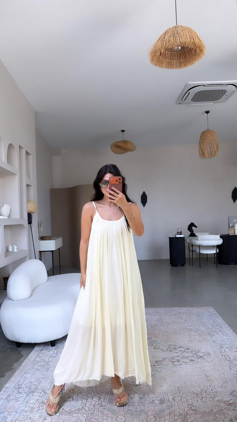 Butter Yellow Askılı Romantik Pamuk Uzun Elbise
