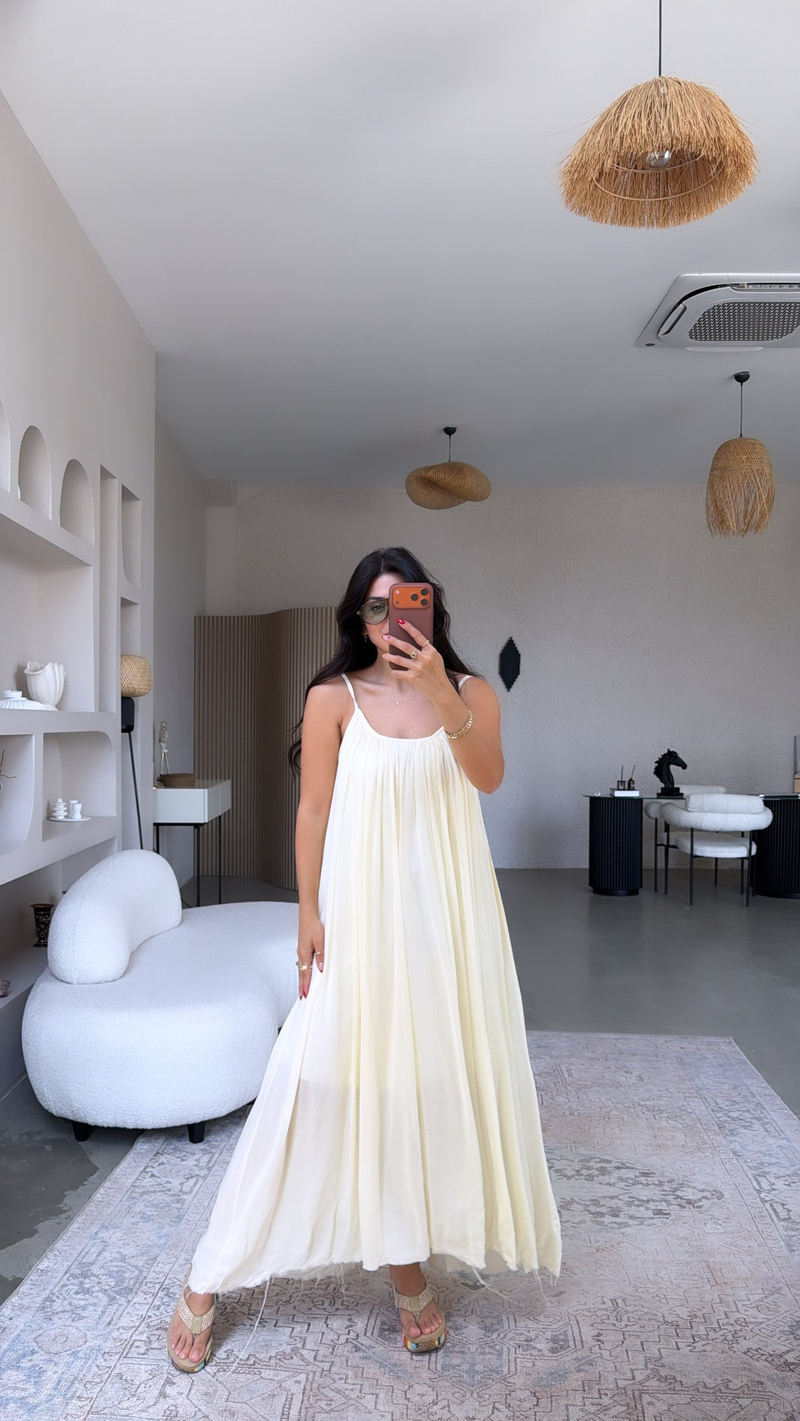 Butter Yellow Askılı Romantik Pamuk Uzun Elbise