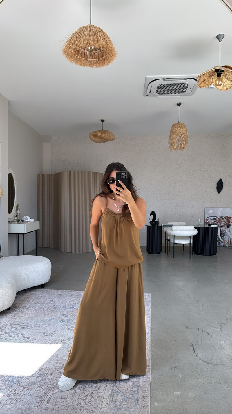 Camel Askılı Bluz Salaş Pantolon Takım