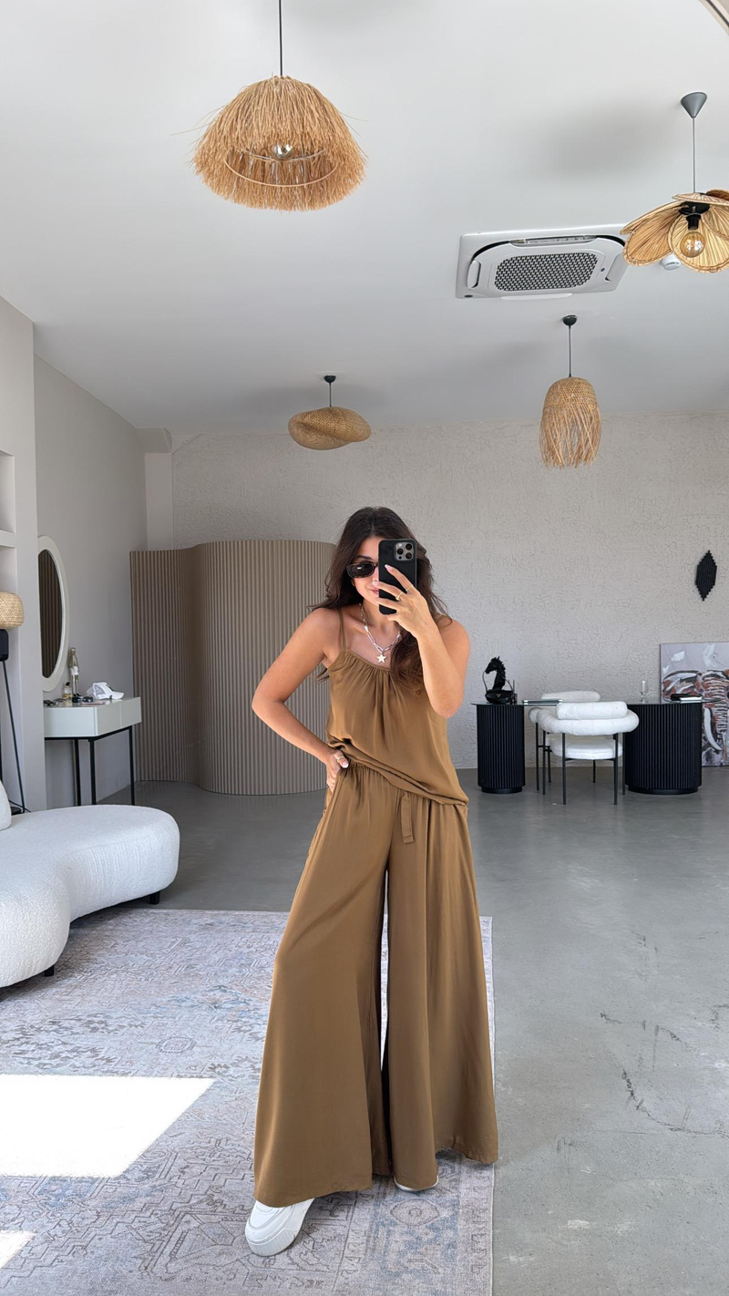 Camel Askılı Bluz Salaş Pantolon Takım