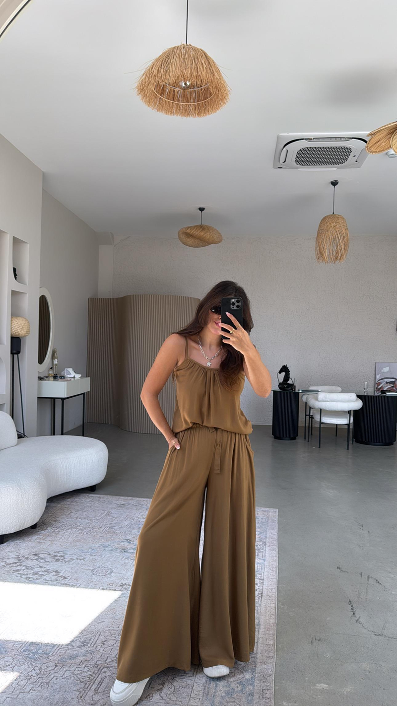 Camel Askılı Bluz Salaş Pantolon Takım