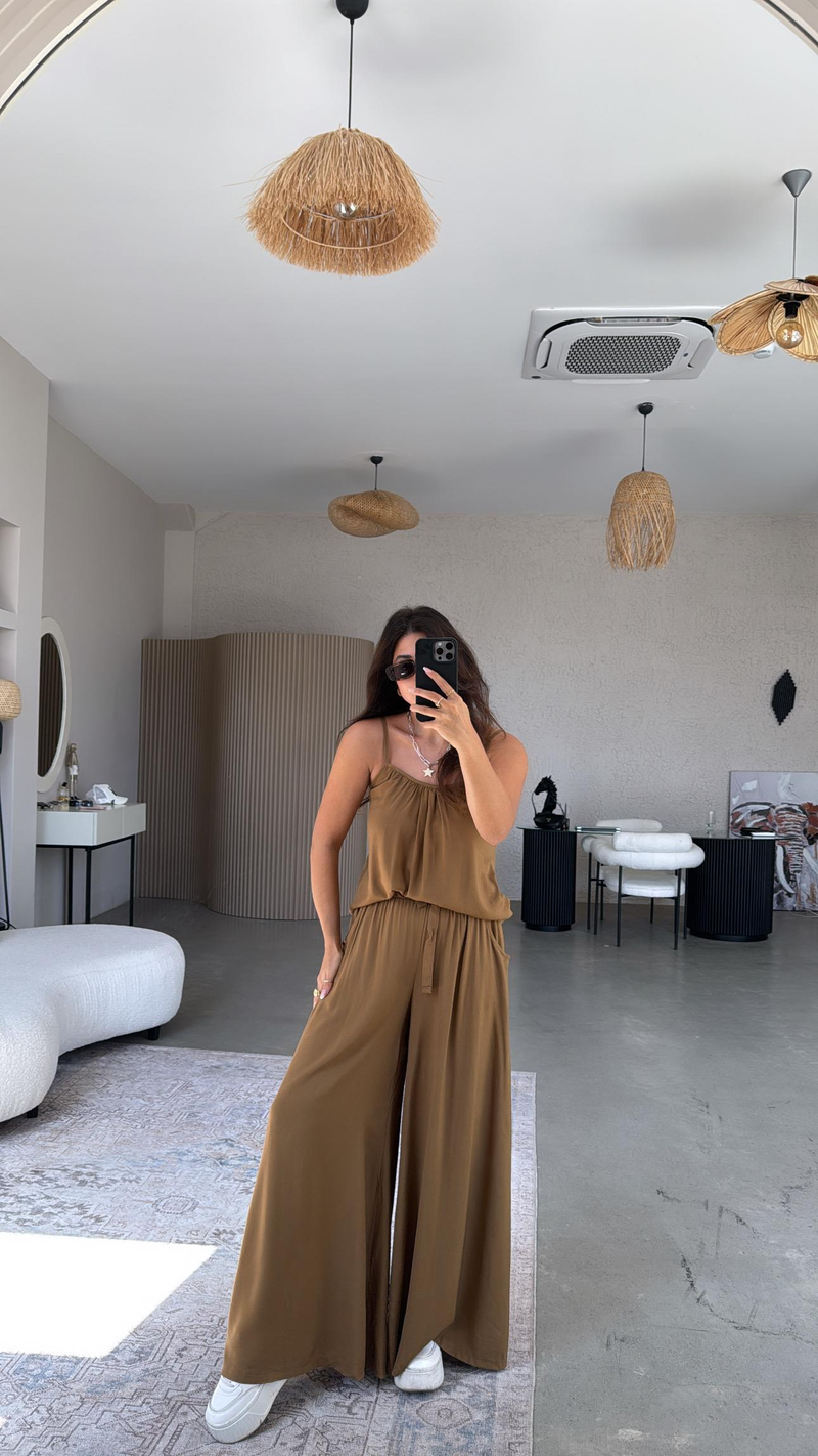 Camel Askılı Bluz Salaş Pantolon Takım