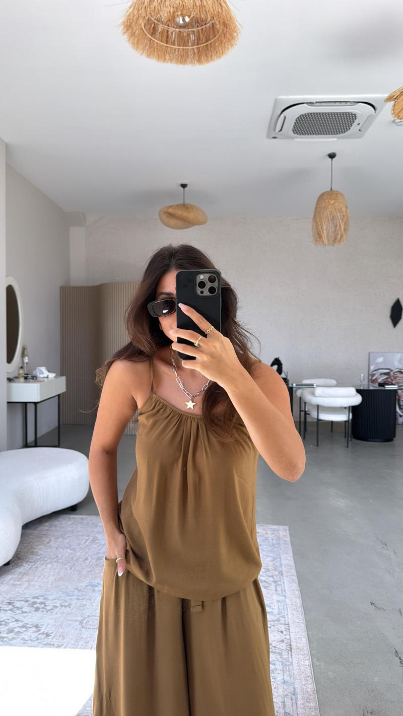Camel Askılı Bluz Salaş Pantolon Takım
