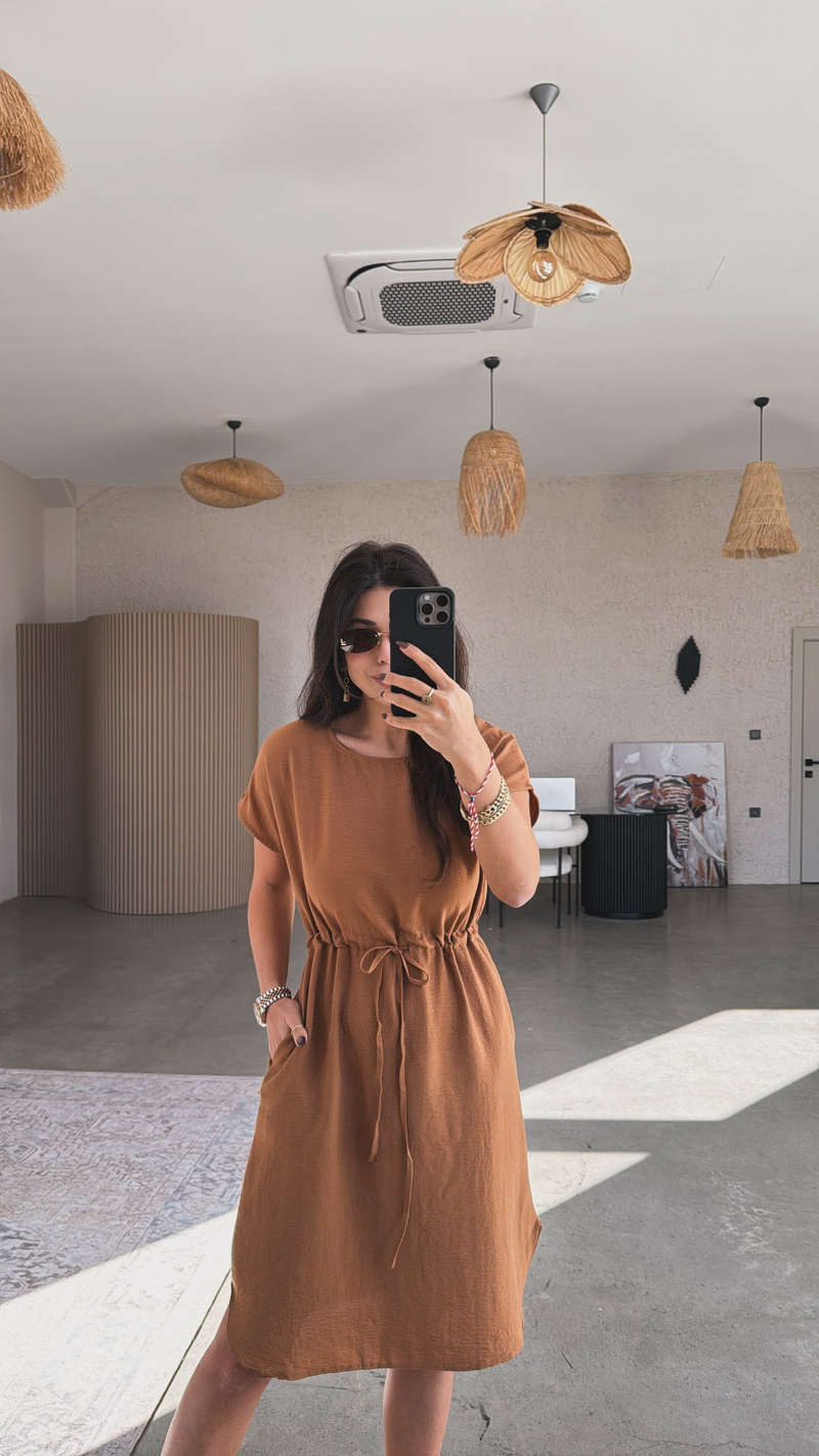 Camel Beli İpli Tensel Elbise