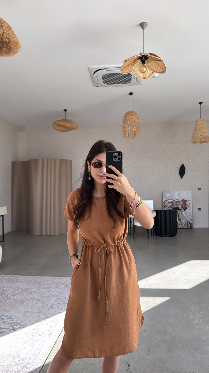 Camel Beli İpli Tensel Elbise
