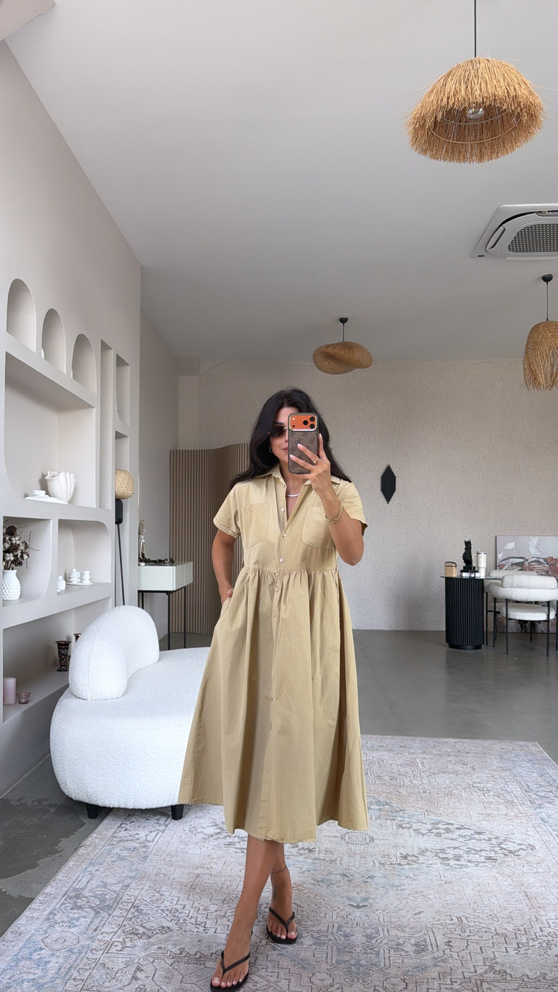 Camel Gabardin Kısa Kollu Gömlek Elbise