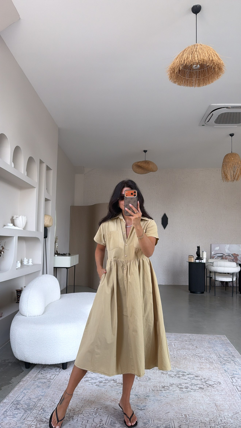Camel Gabardin Kısa Kollu Gömlek Elbise