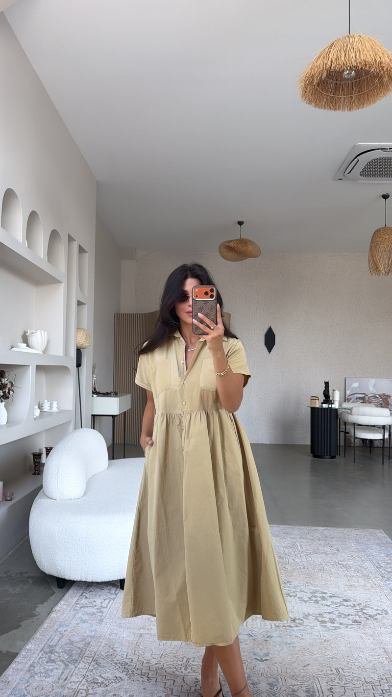 Camel Gabardin Kısa Kollu Gömlek Elbise