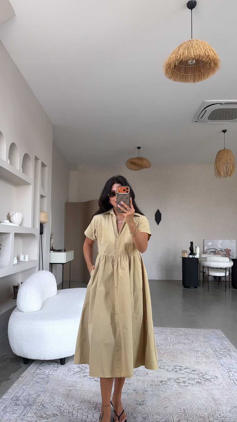 Camel Gabardin Kısa Kollu Gömlek Elbise