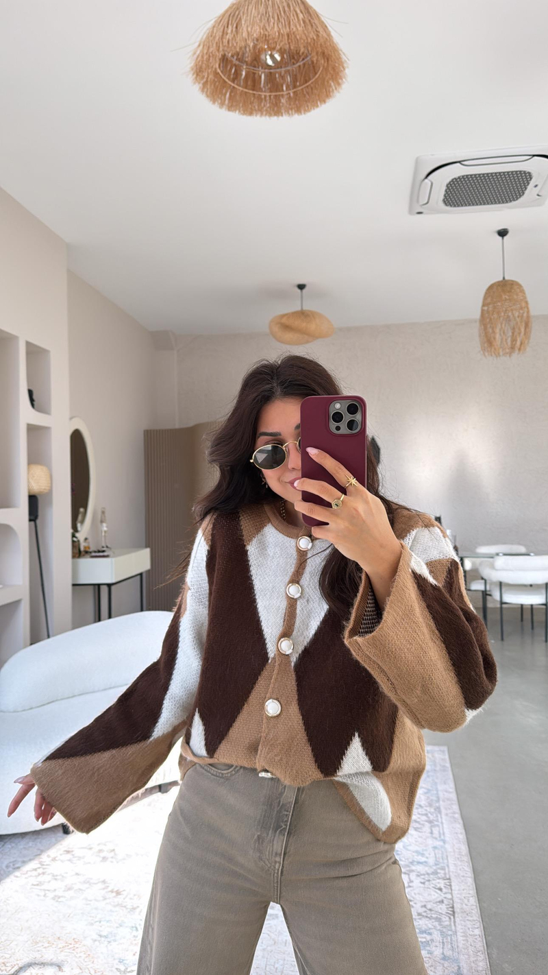 Camel Geometrik Desenli Hırka