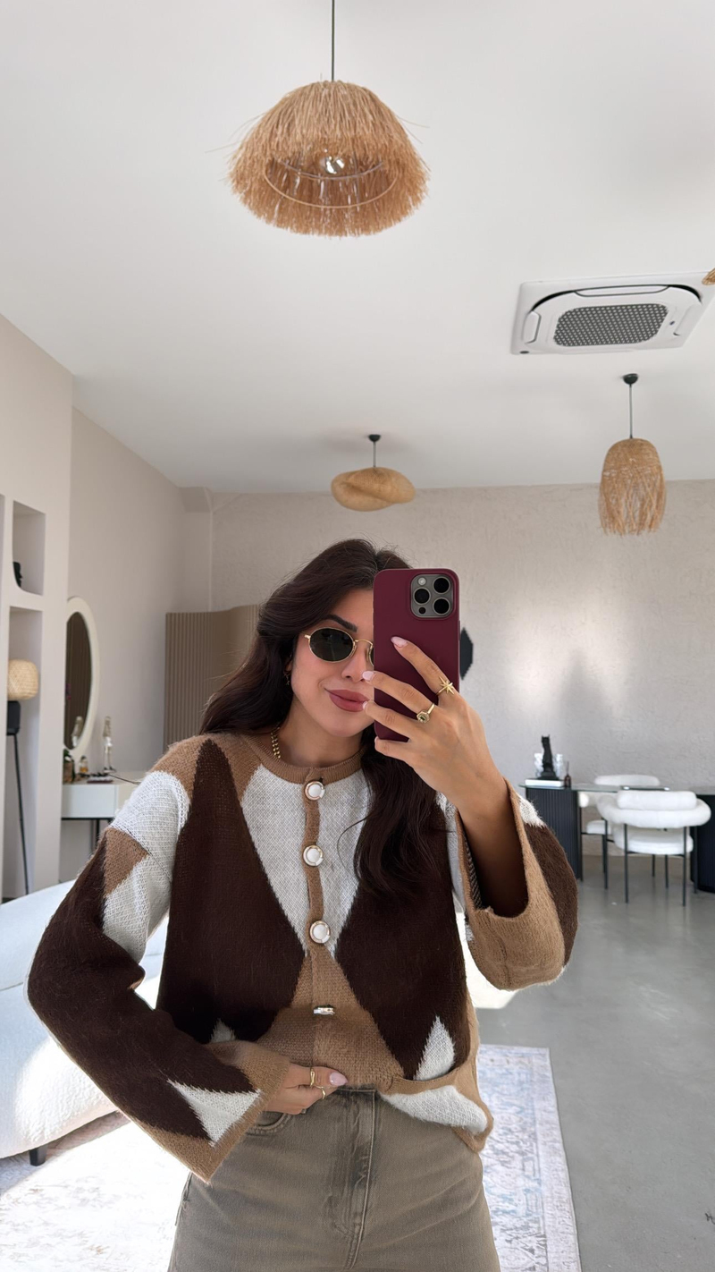 Camel Geometrik Desenli Hırka