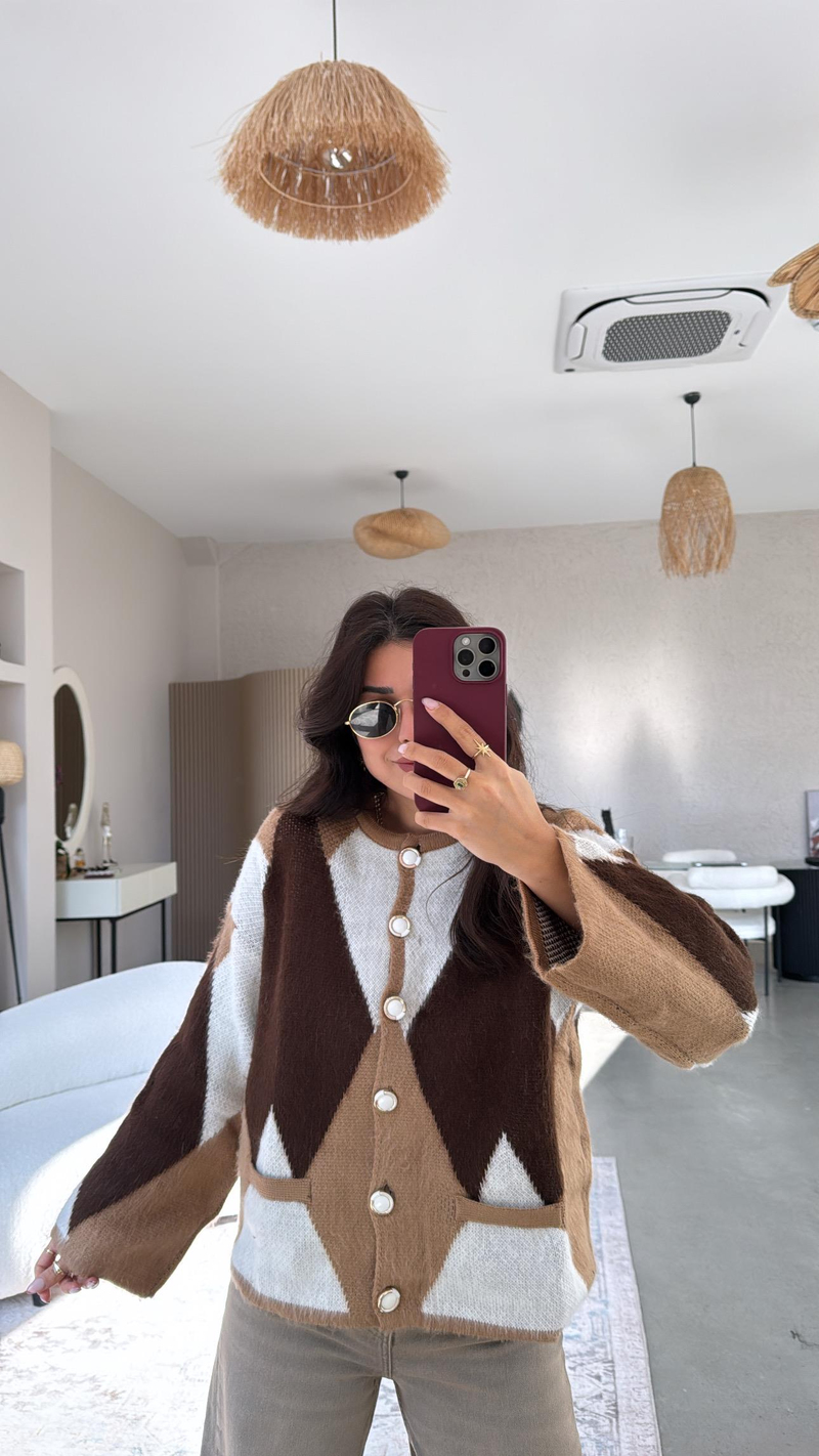 Camel Geometrik Desenli Hırka