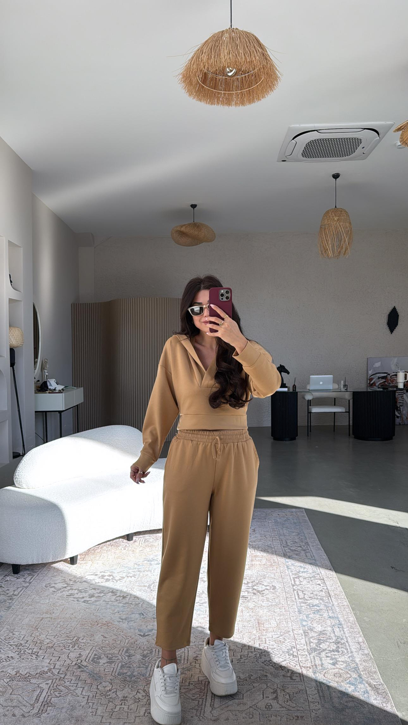 Camel Kapüşonlu Modal Takım