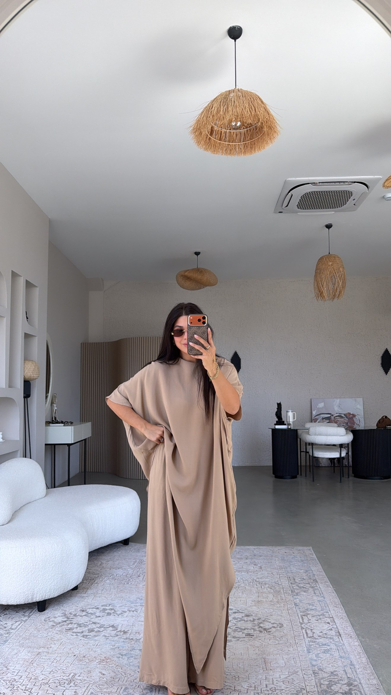 Camel Viskon Kumaş Asimetrik Bluz Pantolon Takım