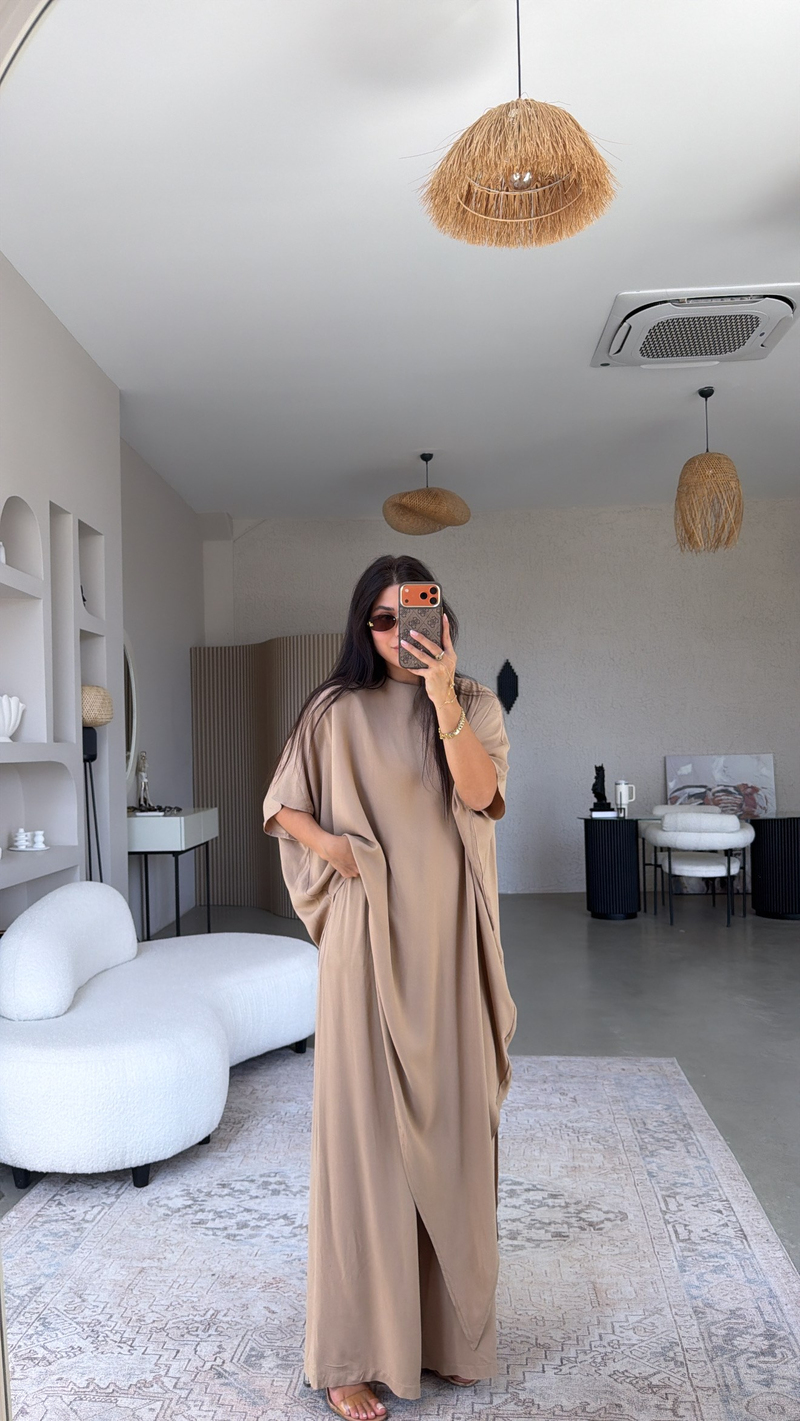 Camel Viskon Kumaş Asimetrik Bluz Pantolon Takım
