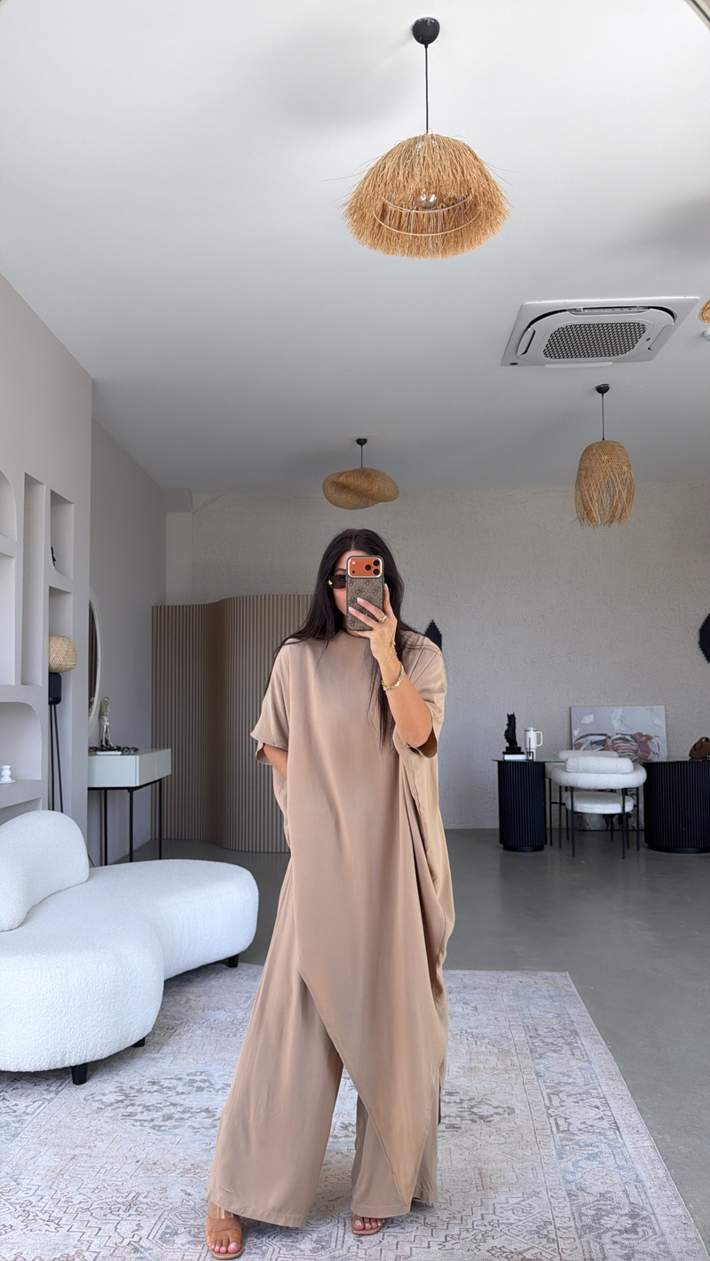 Camel Viskon Kumaş Asimetrik Bluz Pantolon Takım