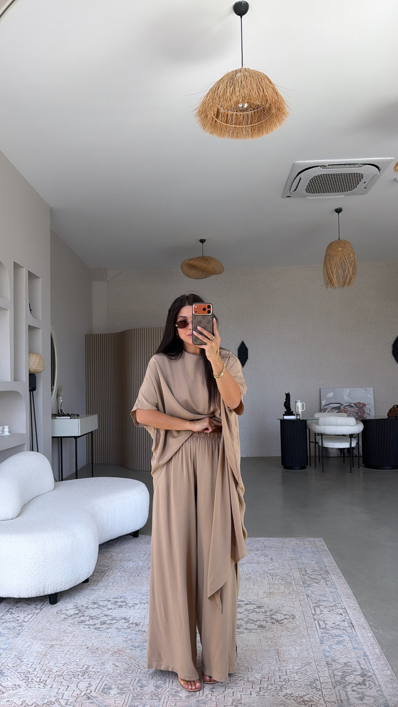 Camel Viskon Kumaş Asimetrik Bluz Pantolon Takım