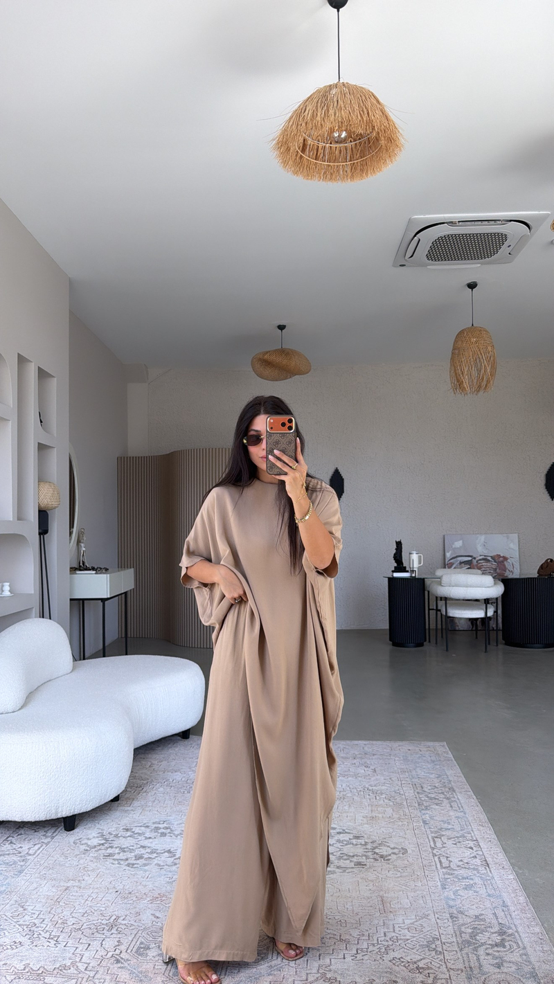 Camel Viskon Kumaş Asimetrik Bluz Pantolon Takım