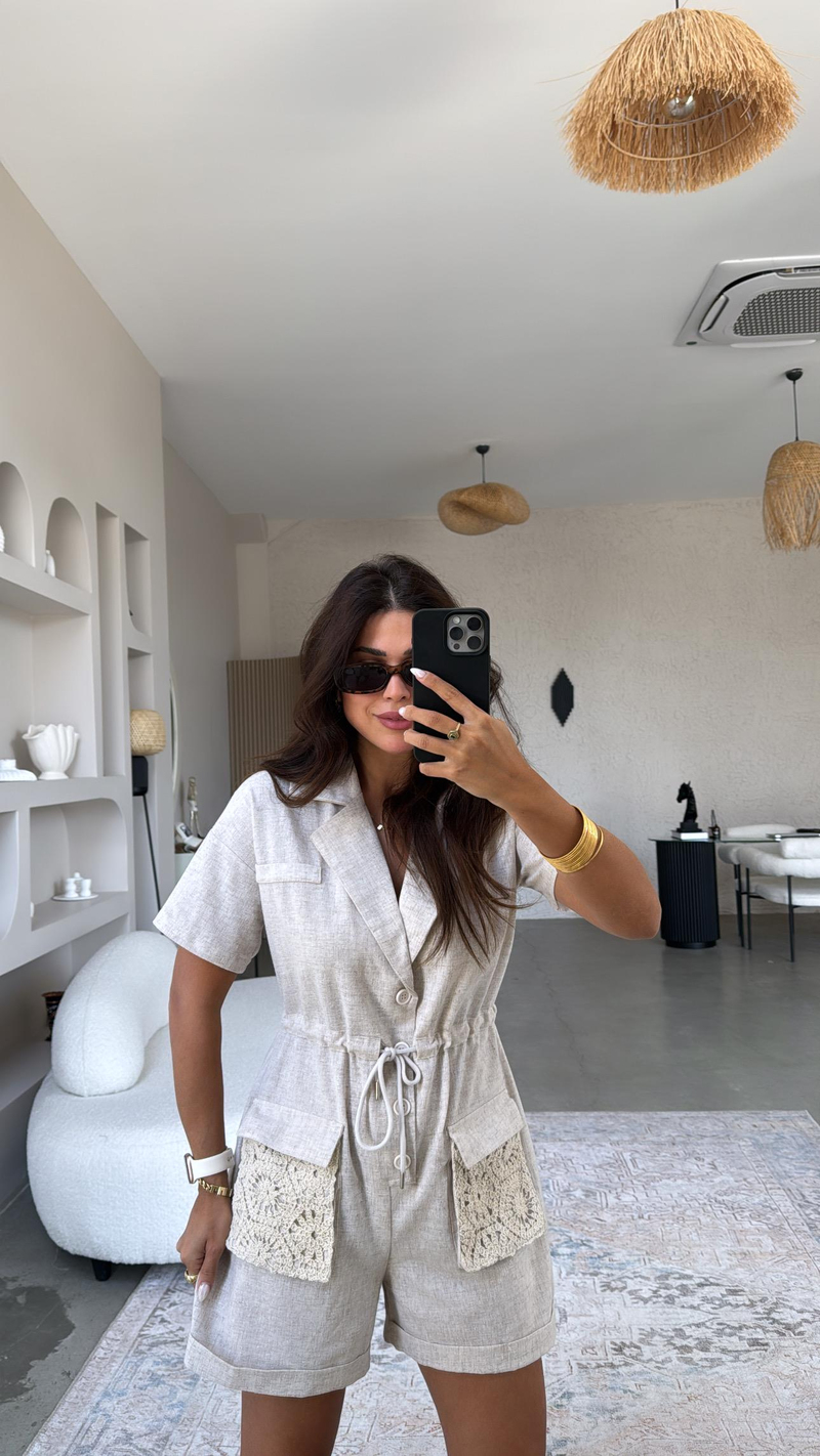 Cebi Dantel Detaylı Keten Tulum